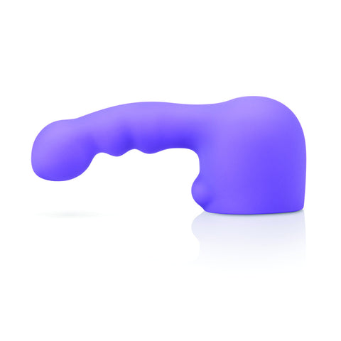 Le Want Petite Ripple Massager Attachment. A round hollow cap in purple with a slim, ribbed shaft with a slightly bulbous tip, coming out of the top left of the cap.
