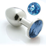 Pretty Plugs Stainless Steel Plug - Blue. A silver steel anal plug with blue crystal in the base.