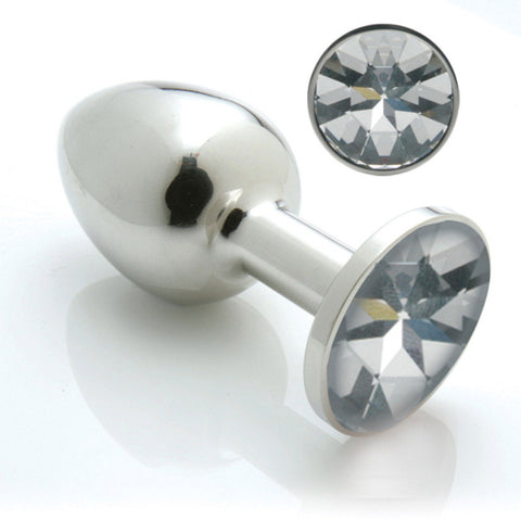 Pretty Plugs Stainless Steel Plug - Clear. A silver steel anal plug with clear crystal in the base.