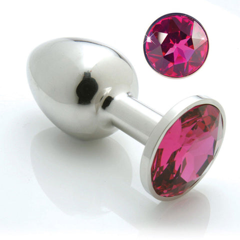 Pretty Plugs Stainless Steel Plug - Rose. A silver steel anal plug with a pink crystal in the base.