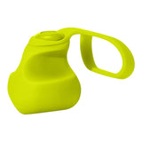 Dame Fin finger vibrator in citrus. A small square shaped vibrator with rounded edges, a rounded bottom side, a fin on the top side to put between two fingers, and a button on the top side. There is a detachable silicone finger strap.