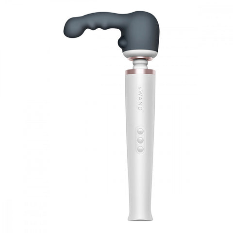 Le Want Ripple Massager Attachment. A round hollow cap in dark gray with a slim, ribbed shaft with a slightly bulbous tip, coming out of the top left of the cap.