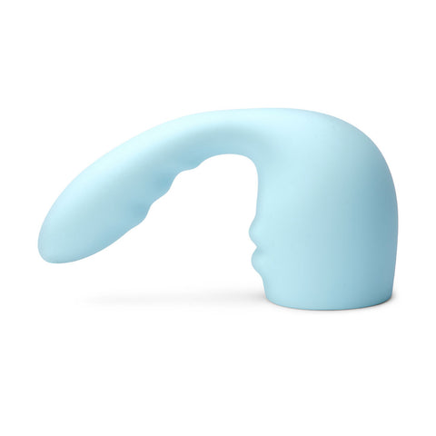 Le Wand Flexi Massager Attachment. A hollow, rounded cap in light blue with a slim, curved, ribbed shaft coming out of the top left of the cap.
