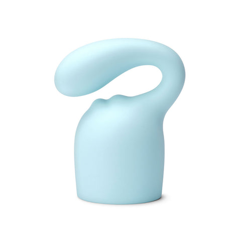 Le Wand Glider Massager Attachment. A hollow, rounded cap in light blue with a slim, smooth shaft coming out of the top of the cap and curving to the left.