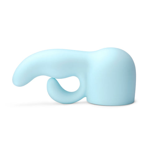 Le Wand Dual Weighted Massager Attachment. A hollow, rounded cap in light blue with a smooth, slightly curved shaft and a shorter curved shaft below it, coming out of the left of the cap.
