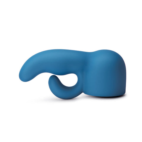 Le Wand Petite Dual Massager Attachment. A hollow, rounded cap in light blue with a slim, smooth shaft coming out of the top of the cap and curving to the left.