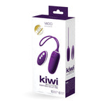 VeDO Kiwi Insertable Remote controlled Bullet vibrator in dark purple. A slightly girthy bullet with rounded tip and attached silicone cord for removal. Bullet has one button control. Remote control has a power / pattern button, plus button, and minus button.