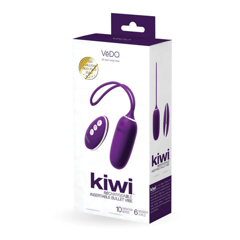 VeDO Kiwi Insertable Remote controlled Bullet vibrator in dark purple. A slightly girthy bullet with rounded tip and attached silicone cord for removal. Bullet has one button control. Remote control has a power / pattern button, plus button, and minus button.