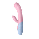 Femme Funn Ffix Rabbit dual stimulation vibe in light pink. A slim shaft with round tip and shorter arm for clitoral stimulation. Has a light blue base with two button controls and twist bottom to open battery compartment.