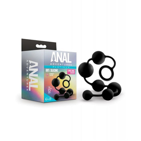 Anal Adventures Large Silicone Anal Beads. A gray and rainbow colored box that says Anal Adventures next to a string of black anal beads and retrieval ring