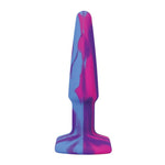 A Play 4" Groovy Silicone Anal Plug in Multicolor/Pink. A narrow purple, blue, and pink swirl butt plug with a tapered, rounded tip and rectangular flared base