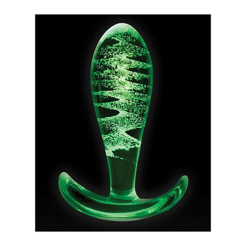 FireFly Glass Ace Anal Plug. A medium glass butt plug with a glow in the dark swirl inside and curved flared base