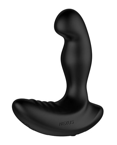 Nexus Ride Prostate Massager. A black silicone probe with a round, curved head and large, curved, ribbed base