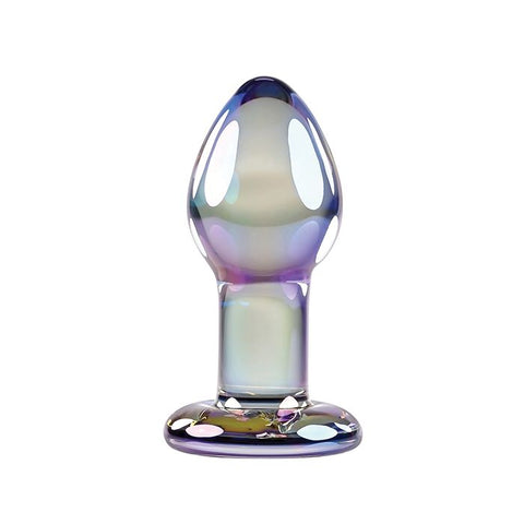 Playboy Jewels Glass Plug. A chrome colored glass anal plug with bulbous head, thick neck, and round flared base