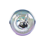 Playboy Jewels Glass Plug. A round, chrome colored glass circle with the Playboy bunny in relief