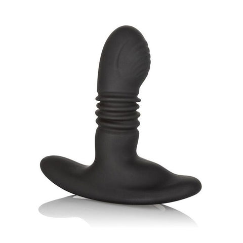 Eclipse Thrusting Rotator Prostate Massager. A medium sized black probe with curved, textured tim, ribbed neck for thrusting, and wide flared base