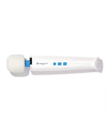 Magic Wand Mini Massager. A long white handle with three blue buttons in the middle and a bulbous rounded with a flexible neck.