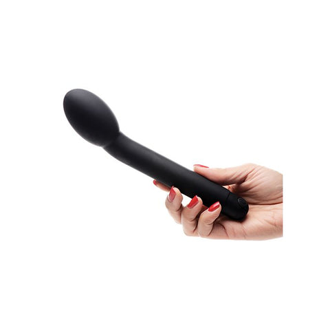 Bang! 10X G-spot / P-spot Vibrator in black. A long slim handle with an oval-shaped bulb at the tip that’s tilted towards the front. Single button control at bottom end.