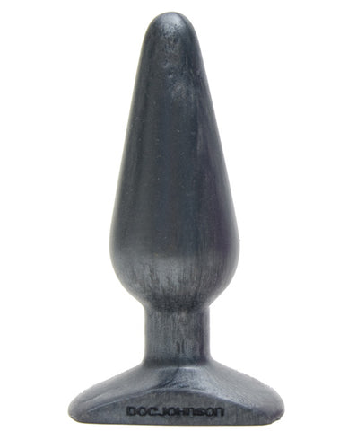 Doc Johnson The Big End Butt Plug. A large, gray, teardrop shaped silicone anal plug with short neck and rectangular flared base with the text Doc Johnson
