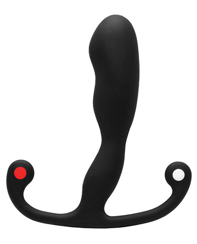 Aneros Helix Syn Trident Prostate Stimulator. A slim, slightly curved probe with three smooth ridges on one the inside of the curve. There are two thin arms coming out each side of the base, curving up and the ends. One has a red dot at the tip and the other has a white dot.