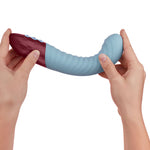 Femme Fun Lola G Vibrator in maroon. A 6.25 inch, girthy, ribbed shaft with light blue base and three button controls.