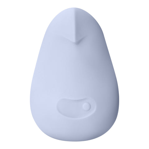 Dame pom palm vibrator in plum. A palm-sized, soft silicone vibrator with a wide rounded bottom end and narrower top end. the front of the top end has a slight beak for more targeted contact. Below is a speed control button and on the back side is a power and mode control button.