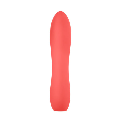 Luv Inc large silicone bullet in coral. A bullet vibe with slightly pointed tip and button control on bottom end. The middle of the bullet is slightly slimmer than the rest.