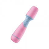 Femme Funn Ffix mini wand in light pink. A small wand vibrator with a head, light blue neck, and handle. Head has a flat top. Two button controls on handle