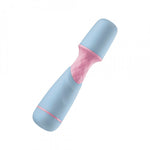 Femme Funn Ffix mini wand in light blue. A small wand vibrator with a head, light pink neck, and handle. Head has a flat top. Two button controls on handle