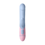 Femme Funn Ffix Rabbit dual stimulation vibe in light blue. A slim shaft with round tip and shorter arm for clitoral stimulation. Has a light pink base with two button controls and twist bottom to open battery compartment.