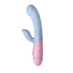 Femme Funn Ffix Rabbit dual stimulation vibe in light blue. A slim shaft with round tip and shorter arm for clitoral stimulation. Has a light pink base with two button controls and twist bottom to open battery compartment.