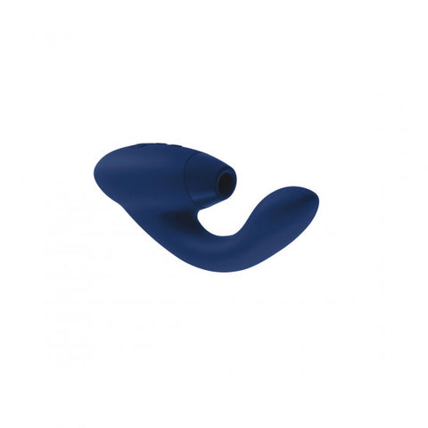 Womanizer DUO dual stimulation suction vibrator in blueberry. One half is an oval shape with a small hole for cliteral suction, with an attached shaft for internal stimulation. 