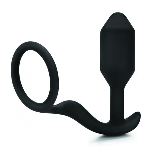 √. A thin cock ring and cylindrical butt plug with a pointed tip and narrow neck, connected by a thick silicone cord. In black.
