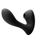 Inya Sonnet dual stimulation suction vibrator in black. One half has a small hole for clitoral suction, attached arm is slightly curved for internal stimulation. Two button controls on half with suction hole.