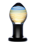 Galileo Glass Anal Plug. A large glass butt plug with yellow and blue swirls in the bulb and a black neck and round flared base.
