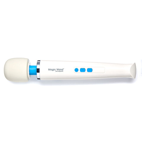 Magic Wand Rechargeable massager. A long wide white handle, narrower flexible blue neck, and large white rounded silicone head. Three blue control buttons in the middle of the handle.