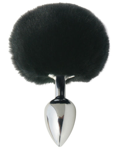 Metal Bunny Tail Butt Plug. A teardrop shaped metal anal plug with round flared based and an attached black fur rabbit tail