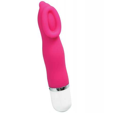 VeDO Luv mini vibe. A slim, dark pink vibrator with an inch-long white bottom. One button control on bottom end.