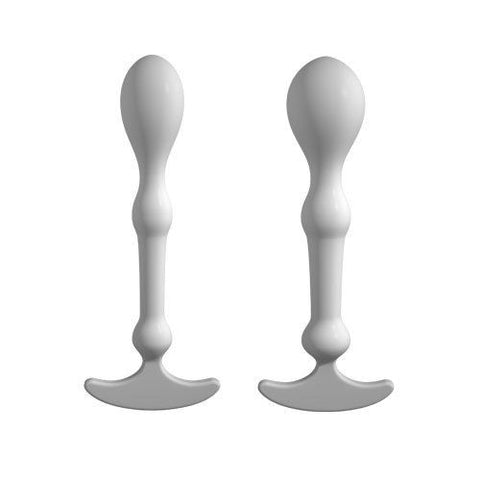 Aneros Peridise Anal Stimulators. Two slim white probes with a rounded head, a smoth bump in the middle, and another smooth bump and the bottom. Below is a slim flared base. The head of the left prove is smaller than the one on the right.