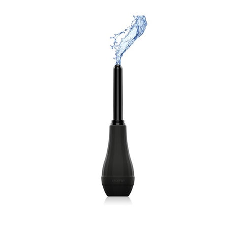 Ergoflo Extra Anal Douche. A long, pear shaped black silicone bulb with a thick plastic nozzle tip, with water squirting out