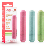 Gaia Eco Bullet Vibrator in aqua. A narrow bullet vibe with rounded tip and single button on bottom end.