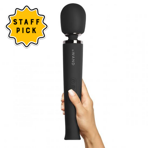 Le Wand Massager in black. A long, wide handle with narrower flexible neck and large rounded head. Three button controls in center of handle.