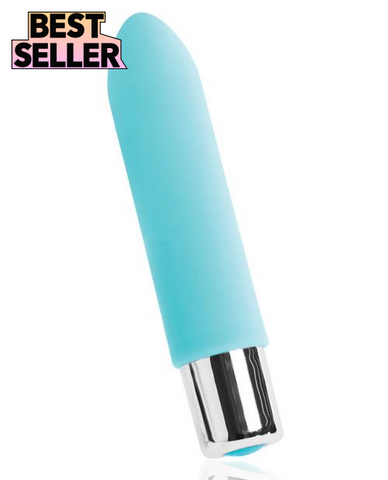 VeDO Bam Mini rechargeable bullet vibe in turquoise. A small bullet vibrator with slightly pointed tip. Has a small silver bottom that unscrews to charge. Single button control on bottom end.
