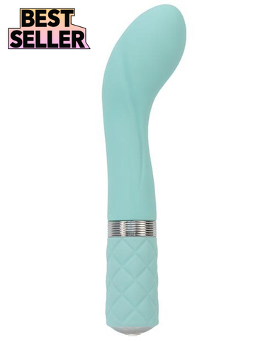 Pillow Talk Sassy g-spot vibrator in light teal. A straight shaft with wider curved head. It has a thin silver ring the bottom third above a quilted texture base. It has a single button control on the bottom end which lights up when turned on.