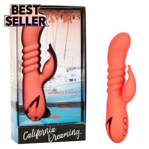 Orange County Cutie thrusting dual stimulation vibrator in orange. A thrusting shaft with curved head, a narrow tipped arm for clitoral stimulation and three button controls on the front side near the bottom