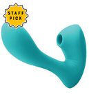 Inya Sonnet dual stimulation suction vibrator in teal. One half has a small hole for clitoral suction, attached arm is slightly curved for internal stimulation. Two button controls on half with suction hole.