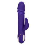 Jack Rabbit Signature Thrusting dual stimulation vibrator in purple. A thick shaft with realistic, thrusting head and small rabbit attachment below the center for clitoral stimulation. three button controls towards the bottom.