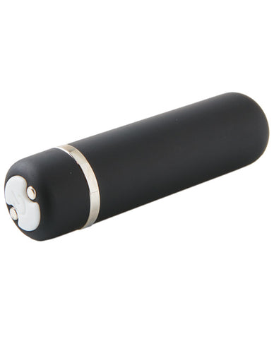 Nu Sensuelle Joie mini bullet vibrator in black. A short bullet vibe with slightly flat ends and rounded edges. One button control on one end.