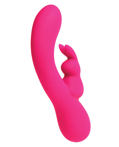 VeDO Kinky Bunny dual stimulation vibrator in pink. A sharply curved shaft with round tip has a bunny attachment at the center for clitoral stimulation. There are two button controls on the bottom third.