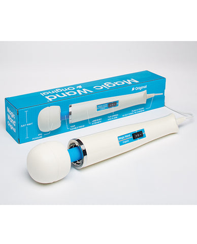 Magic Wand original plug in massager. A long wide white handle, narrower flexible blue neck, and white rounded head slightly wider than the handle. Black control switch on the middle of the handle. 